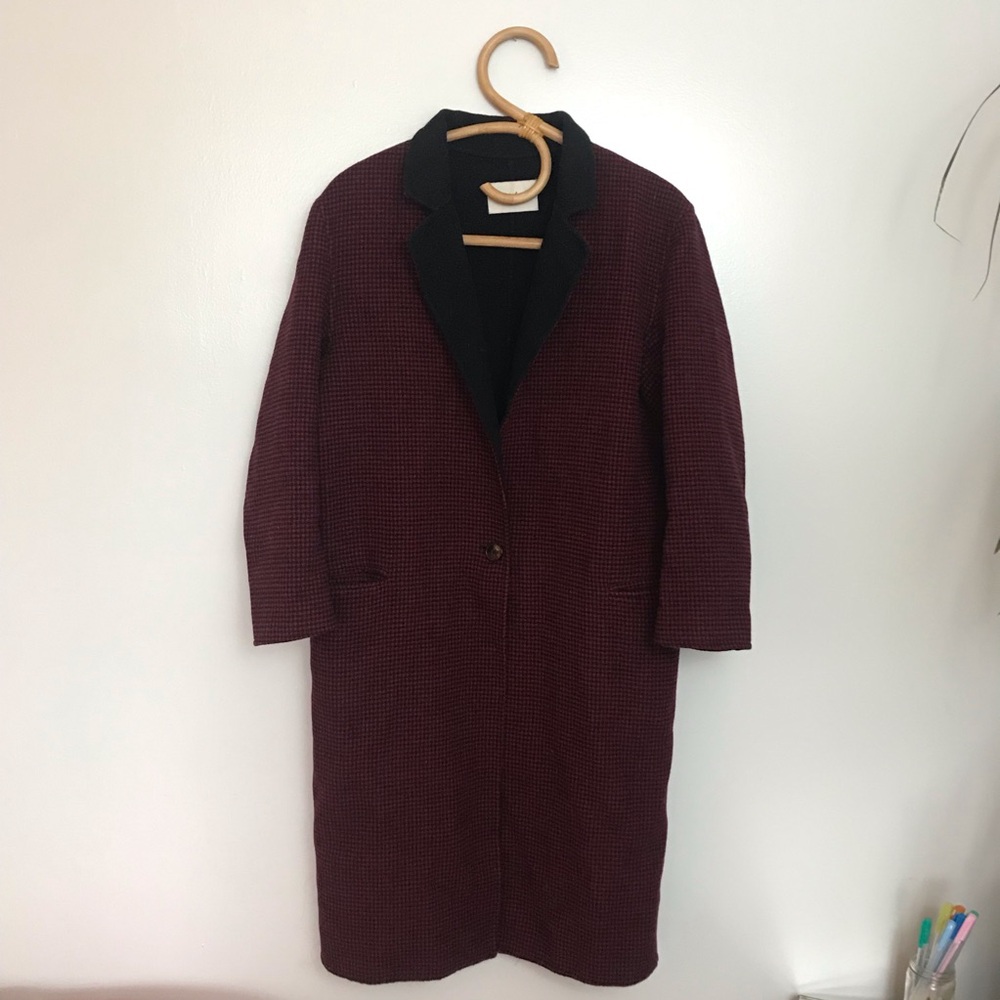 Sandro Red Black Checkered Plaid Wool Knee Length Jacket Sweater Coat